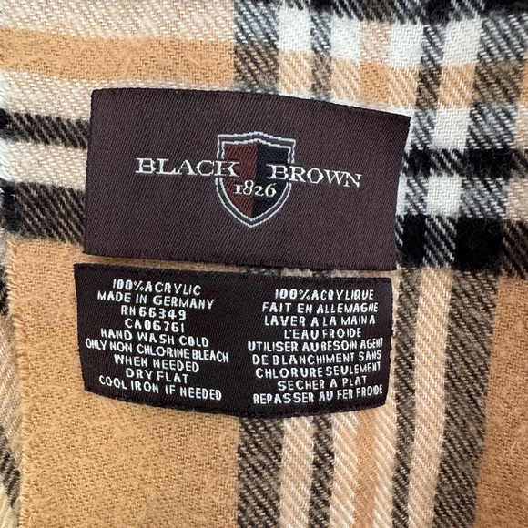 Black Brown 1826 Camel Plaid Fringe Scarf Made in Germany One Size Winter Fall - Picture 3 of 3